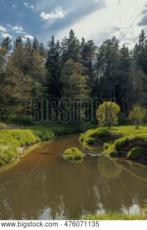 Picturesque River Isloch In Belarus. Spring. Rakovsky District.