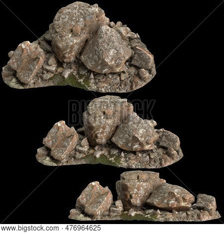 3d Illustration Of Moss Covered Rocks, Placed On Moss Shelf Isolated On Black Background