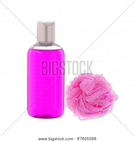 Shower Gel And Wisp Of Bast Isolated On White