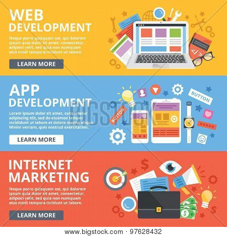 Web development, mobile apps development, internet marketing flat illustration concepts set