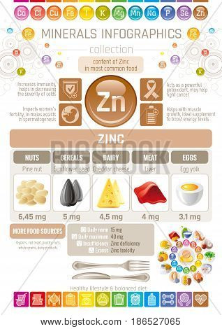 Zinc Mineral supplement rich food icons. Healthy eating flat icon set, text letter logo, isolated background. Diet Infographics chart banner poster. Table vector illustration, human health benefit