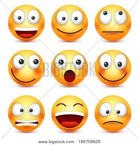 Smiley, emoticon set. Yellow face with emotions. Facial expression. 3d realistic emoji. Sad, happy, angry faces.Funny cartoon character.Mood. Web icon. Vector illustration.