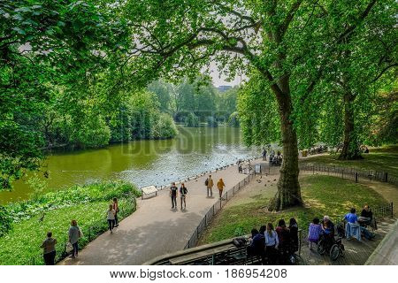 St.Jame's Park London UK - May 11 2017: St. Jame's Park Westminster view from the cafe of the lake.