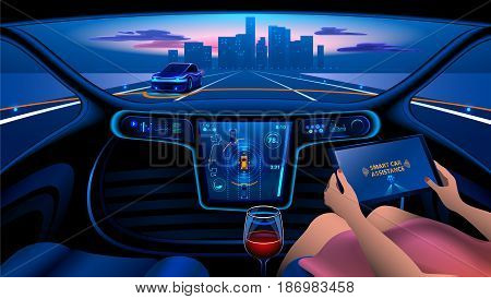 Autonomous Smart car interior. A woman rides a autonomous car in the city on the highway. The display shows information about the vehicle is moving GPS travel time Assistance app. Future concept.