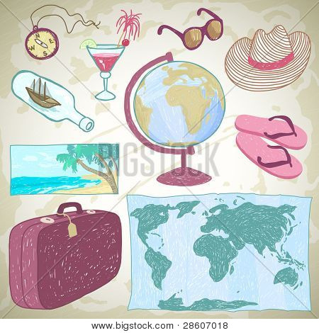 Set of summer doodle travelling icons, vector eps8