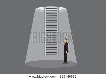 Cartoon Businessman Looking Up At A Ladder Hanging Down From A Hole In The Ceiling. Vector Illustrat