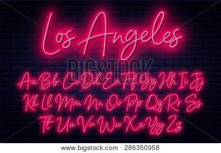 Glowing Neon Script Alphabet. Neon Font With Uppercase And Lowercase Letters. Handwritten English Al