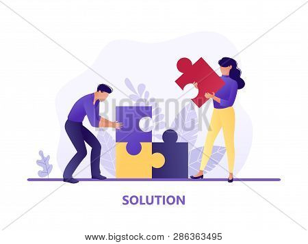 Solution. People Fitting Together Pieces Of A Jigsaw Puzzle. Cooperation And Teamwork, Solutions And