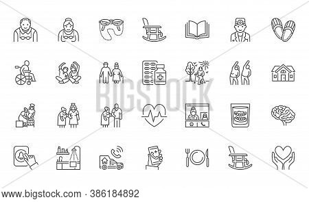 Senior People Flat Line Icons Set. Old Man And Woman Exercising, Active Grandparents, Wheelchair, Al