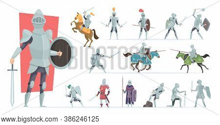 Knights. Medieval Warriors In Action Poses Armored Knights Vector Characters In Cartoon Style. Medie