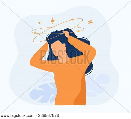 Sick Person Suffering From Vertigo, Feeling Confused, Dizzy And Head Ache. Flat Vector Illustration 