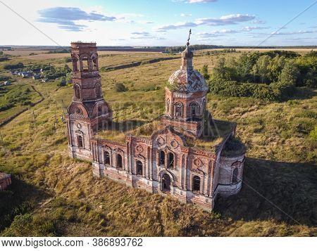 Flight Over An Abandoned Church, Ancient Abandoned And Ruined Church, Dilapidated Red Brick Temple