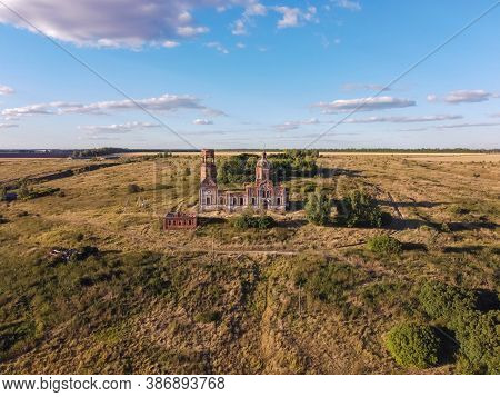 Flight Over An Abandoned Church, Ancient Abandoned And Ruined Church, Dilapidated Red Brick Temple