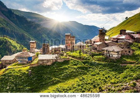 View of the village Adishi. Upper Svaneti, Georgia, Europe. Caucasus mountains. Beauty world.