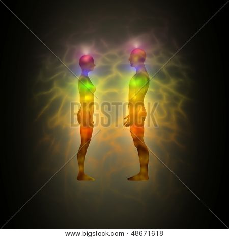 Menschliche Energie-Körper-Silhouette mit Aura und chakras