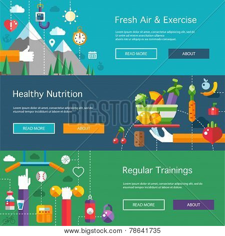 Set of flat design sport, fitness and healthy lifestyle composit