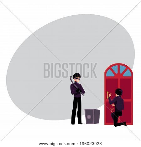 Thief, burglar breaking in house, going to force open safe box, cartoon vector illustration with space for text. Burglar, thief snapping door lock, opening safe box with tire lever