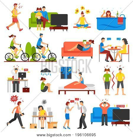 Isometric icons set of different ways of relaxation after stress and stressful working days isolated on white background vector illustration