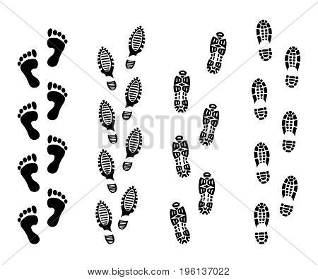 Footsteps isolate on white background. Footprint symbols vector illustrations set. Imprint foot black, and print bare foot