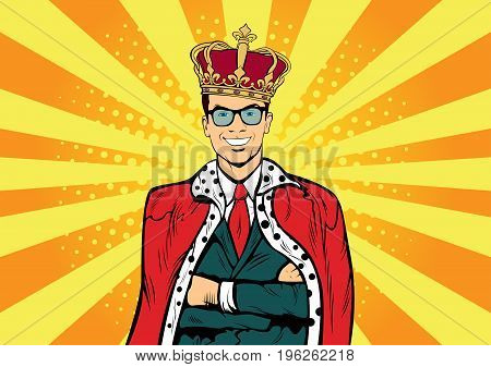 Business king. Businessman with crown. Man leader, success boss, human ego. Retro pop art comic drown illustration.