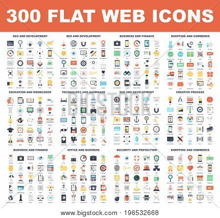 300 Flat web icons - SEO and development, creative process, business and finance, office and business, security and protection, shopping and commerce, education and knowledge, technology and hardware