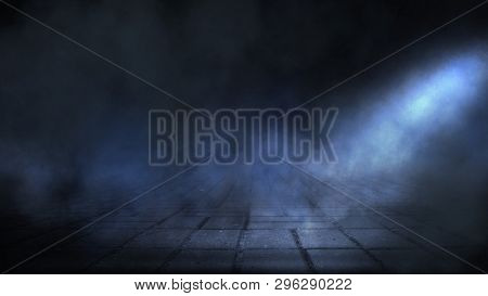 Dark Street, Night Smog And Smoke Neon Light. Dark Background Of The Night City, Ray Of Light In The