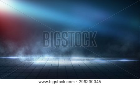 Dark Street, Night Smog And Smoke Neon Light. Dark Background Of The Night City, Ray Of Light In The