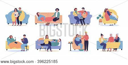 Set Of Ill Or Sick And Recovered People On Sofa Or Couch At Home. Sick Person Having Cold. Adults An