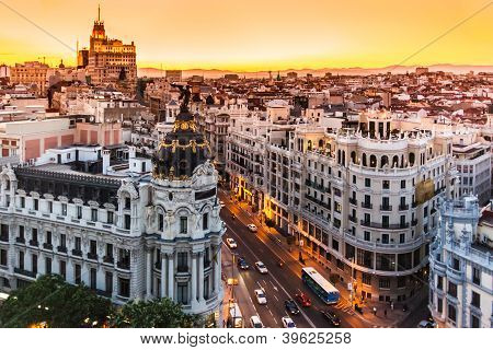 Vista panoramica di Gran Via, Madrid, Spagna.