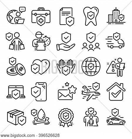 Insurance Line Icons. Health Care, Risk, Help Service. Car Accident, Flood Insurance, Flight Protect