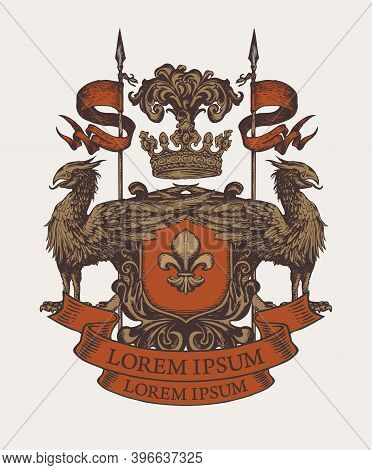 Medieval Heraldic Coat Of Arms In Vintage Style With Shield, Knightly Armor, Spears, Crown, Griffins