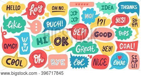 Dialogue Speech Bubbles. Chat Balloons, Small Talk Frames, Conversation Clouds With Greeting Phrases