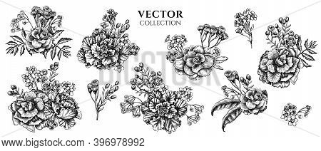 Flower Bouquet Of Black And White Wax Flower, Forget Me Not Flower, Tansy, Ardisia, Brassica, Decora