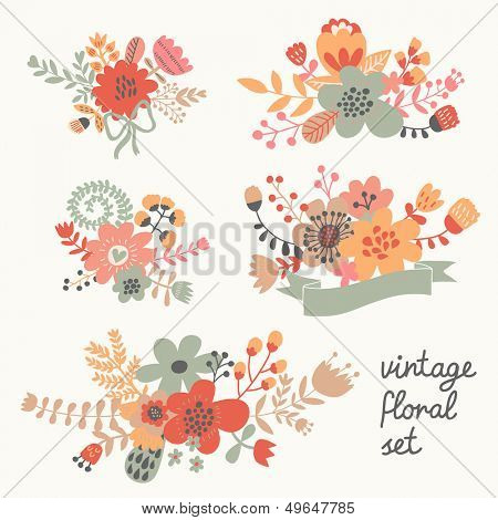 Retro flowers in vector. Cute floral bouquets. Vintage floral set. Save the date design collection.