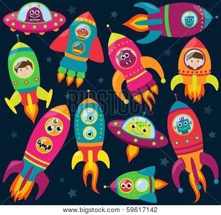 Vector Collection of Retro Style Rocketships and Spaceships with Aliens, Robots and Astronauts