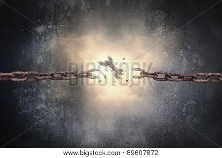 Rusty Iron Chains Broken With Spark Light And Dark Wall