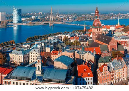 Aerial view of Old Town and Daugava, Riga, Latvia