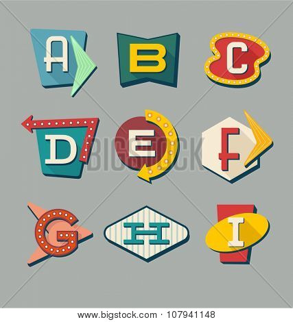 Retro signs alphabet. Letters on vintage style signs.
