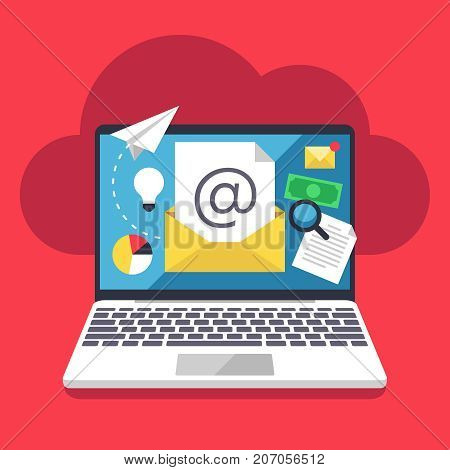 Email marketing, internet campaign strategy and online advertising vector flat concept with pc laptop and envelope. Online email marketing, internet business advertising illustration