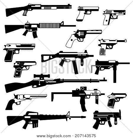 Military set of automatic guns, pistols and other weapons. Monochrome illustrations isolate. Automatic gun and rifle black white style