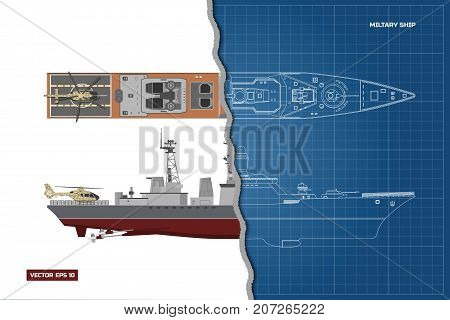 Blueprint of military ship. Top and side view. Container transport. Industrial drawing. Warship in outline style. Vector illustration