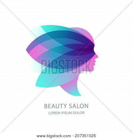 Female profile silhouette in abstract butterfly wings. Vector logo emblem label design. Womens face in pink flower leaves. Concept for beauty salon makeup cosmetic cosmetology procedures and spa.