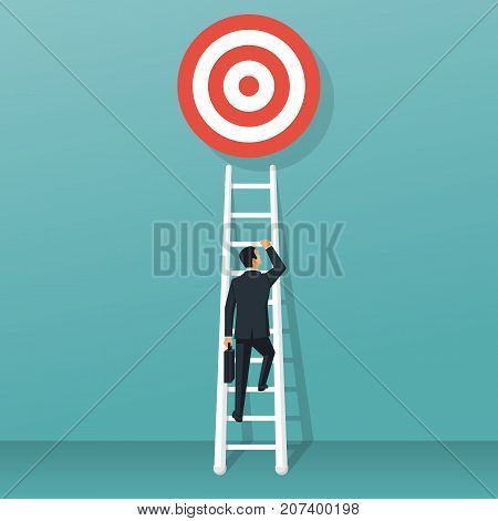 Stairs to goal. Businessman in suit rises up stairs to top of target. Business concept. Vector illustration flat design. Isolated on background. Achieving goal. Ladder wall. Strategy to aim.