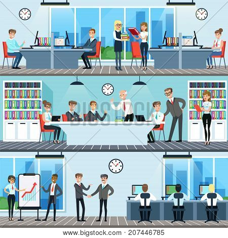 Business people working in office set, men and women having conference and meeting for business collaboration, office interior horizontal vector Illustrations