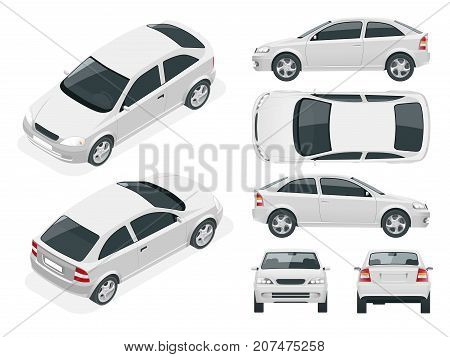 Set of Sedan Cars. Isolated car, template for car branding and advertising. Front, rear , side, top and isometry front and back Change the color in one click All elements in groups on separate layers