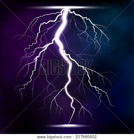 Lightning storm strike realistic 3d light lighting effects vector illustration. Natural lightning bolt storm strike realistic 3d light