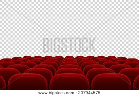 Empty movie theater auditorium with red seats. Cinema hall interior isolated vector illustration. Interior auditorium hall theater and cinema with red seat