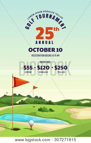 Golf Tournament, Poster, Ticket Or Banner Design Template. Vector Cartoon Illustration Of Golf Cours