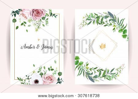 Classic Floral Vector Design Frames. Dusty Pink Rose, Anemone, White Lilac, Eucalyptus, Greenery. Tr