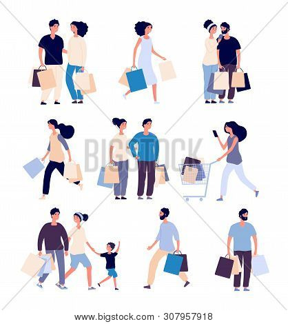 Shopping People Set. Man And Woman With Shopping Card Buying Product In Grocery Store. Isolated Shop